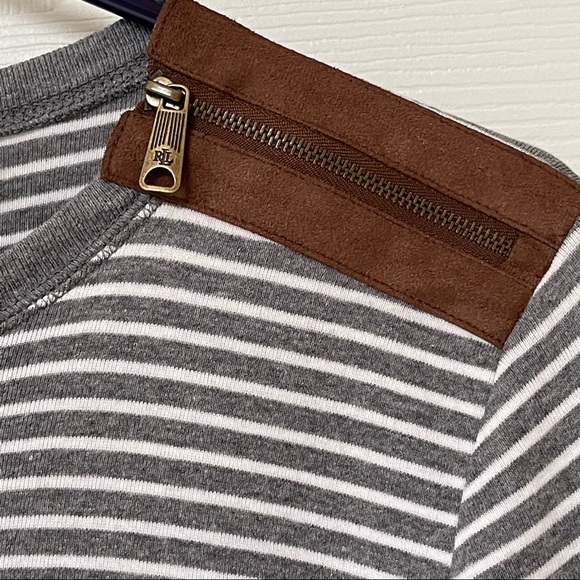 Lauren Ralph Lauren Long Sleeve Stripe Top with Brown Suede Elbow Patches size L - Picture 3 of 10